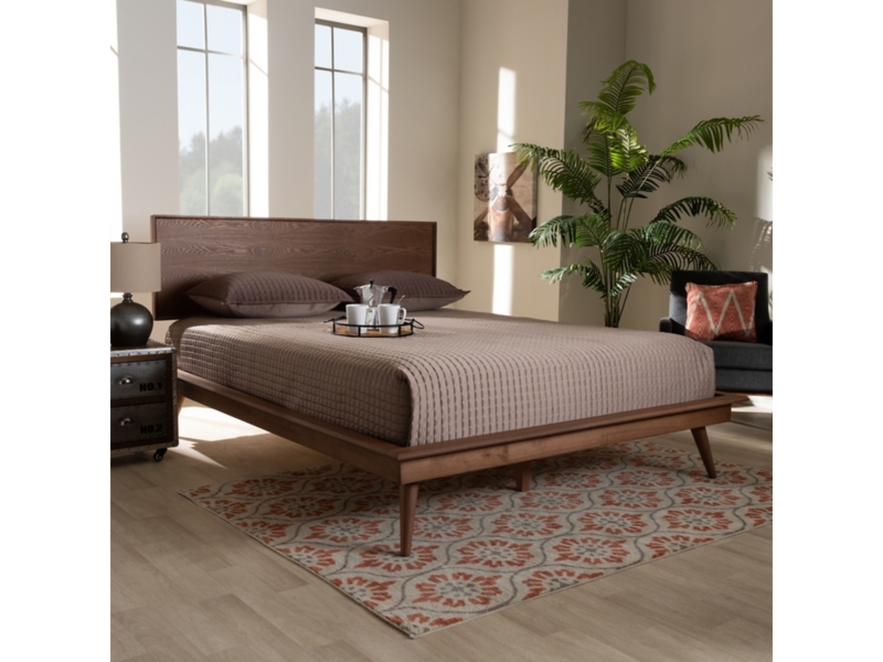 Mid Century Modern Platform Bed Wood Toned Finish Tapered Legs
