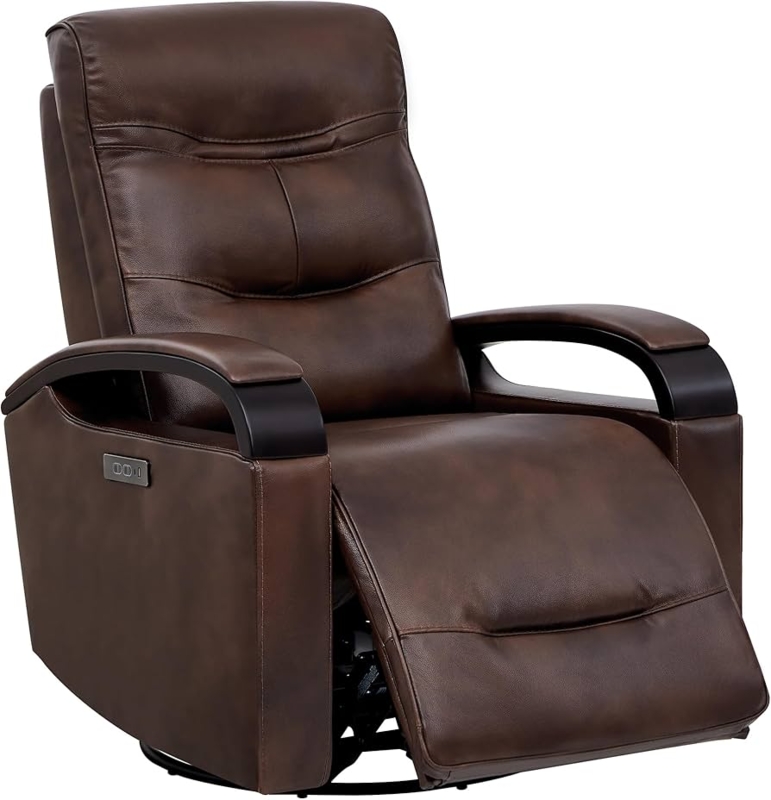 Mid Century Modern Power Swivel Glider Recliner Curved Wood Arms