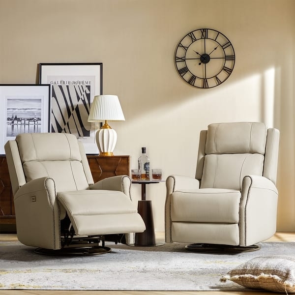 Mid-Century Modern Power Swivel Rocker Recliner, Cream Nailhead
