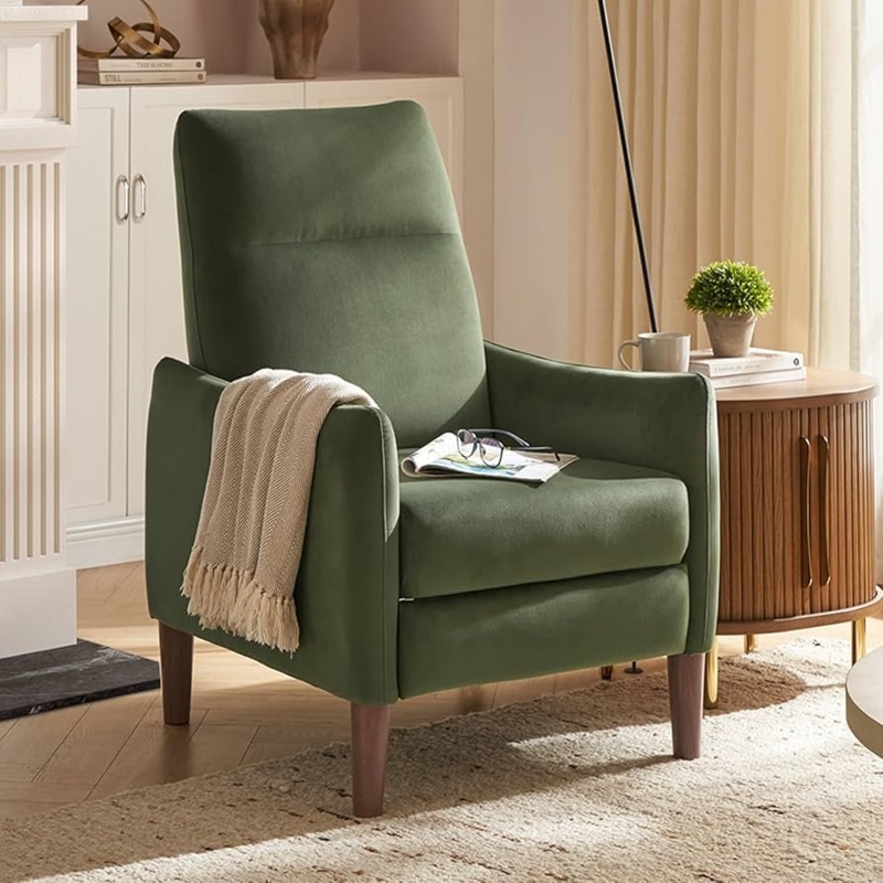 Mid Century Modern Recliner Chair Olive Green Velvet High Back