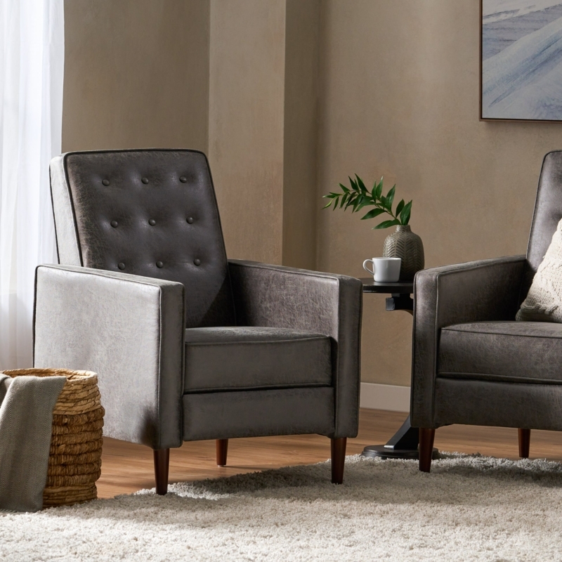Mid Century Modern Recliner In Charcoal Gray With Tapered Wood Legs