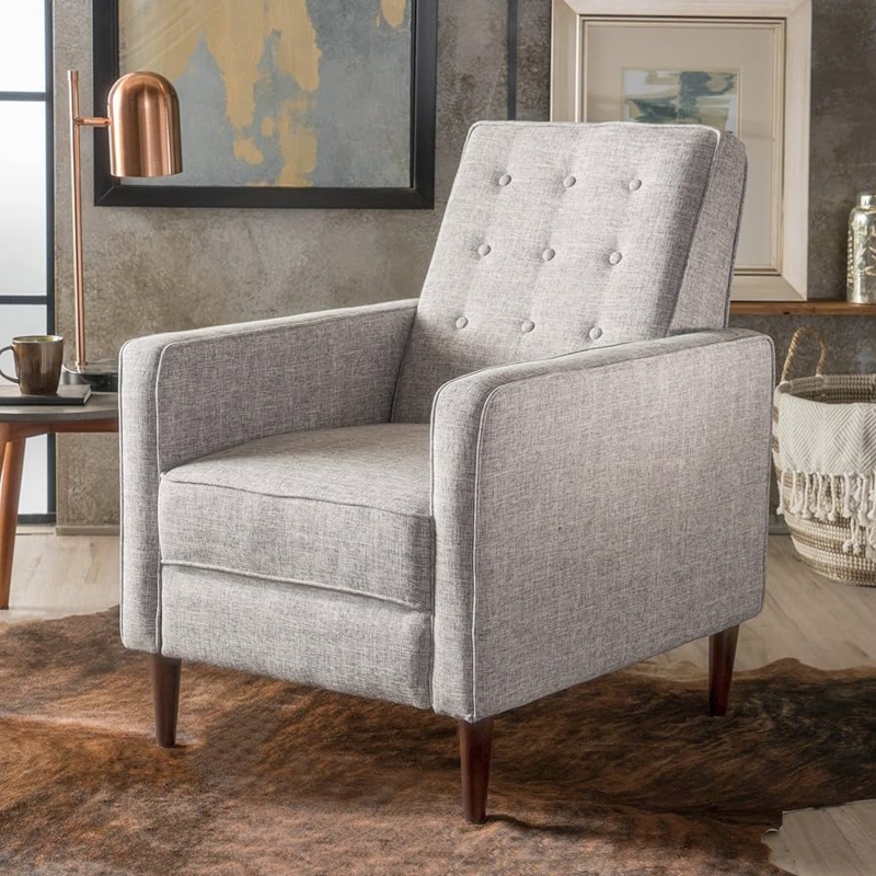 Mid Century Modern Recliner in Light Grey Tweed with Tapered Wood Legs