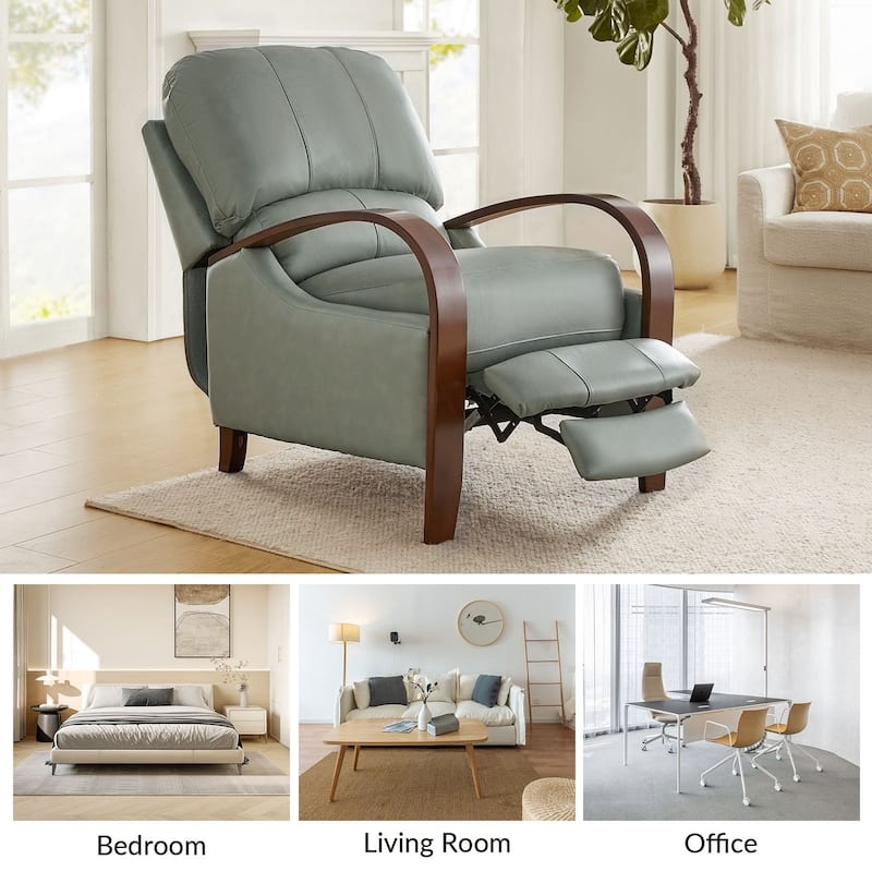 Mid-Century Modern Sage Green Recliner with Curved Wooden Arms