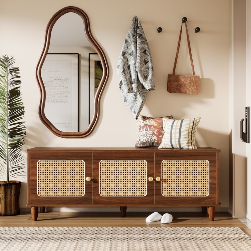 Mid-Century Modern Storage Bench with Cane Front Doors
