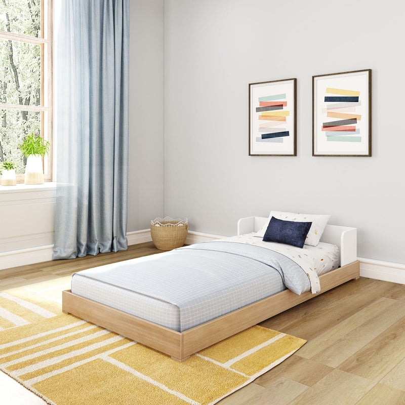 Mid-Century Modern Twin Floor Bed Light Wood and White Accents