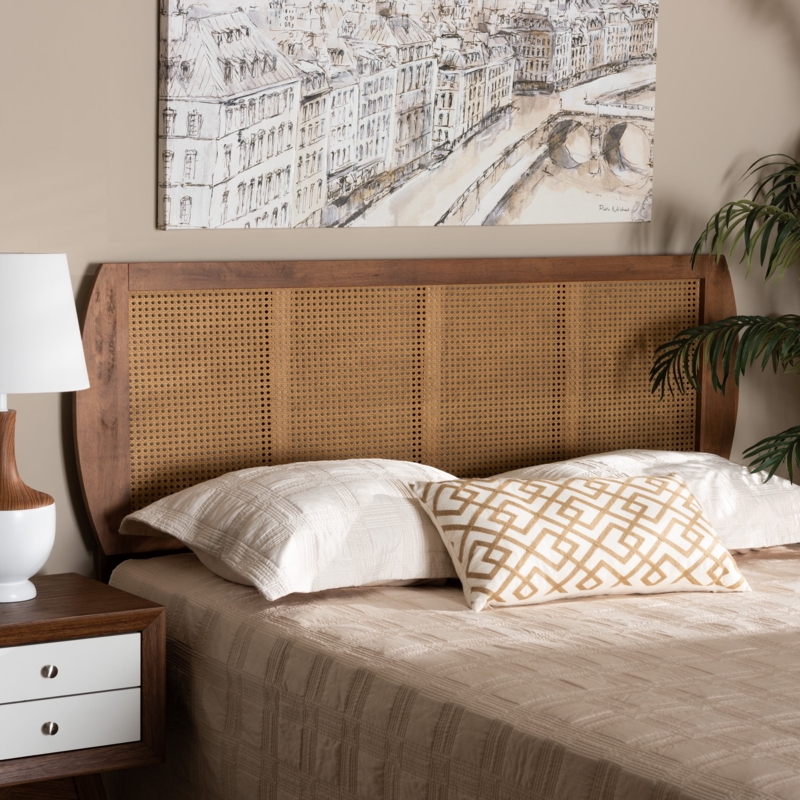 Mid-Century Modern Walnut Headboard with Woven Rattan Panels