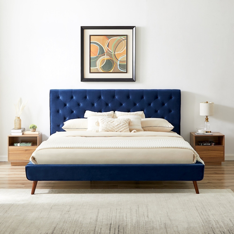 Mid-Century Navy Velvet Platform Bed with Wood Legs