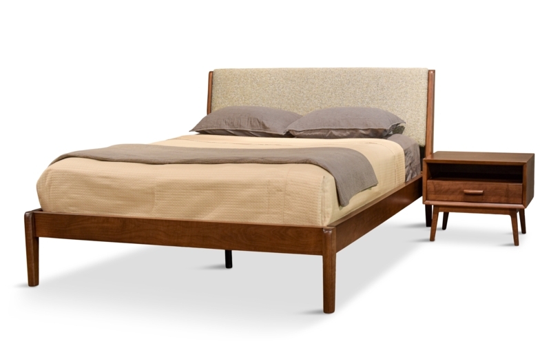 Mid-Century Platform Bed Slatted Headboard Wood Legs