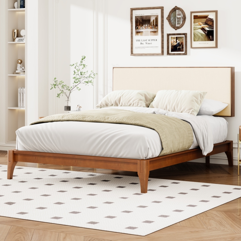 Mid Century Platform Bed with Wood and Upholstery Mix