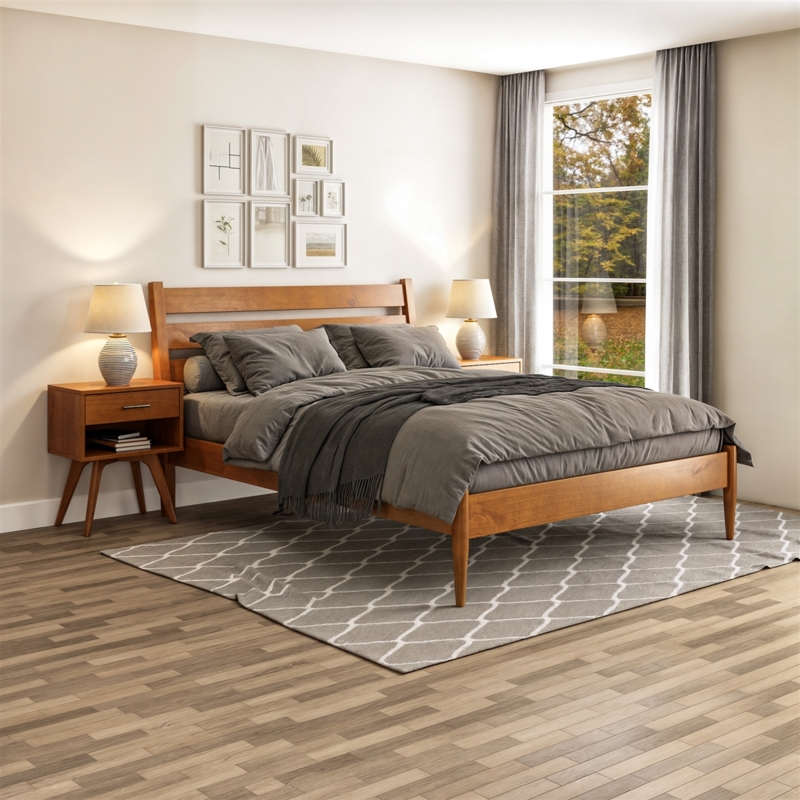 Mid-Century Platform Bed with Wood Slatted Headboard & Tapered Legs