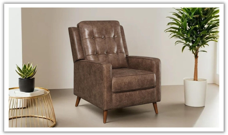 Mid Century Push Back Chair, Brown Leather-Like with Grid Tufting