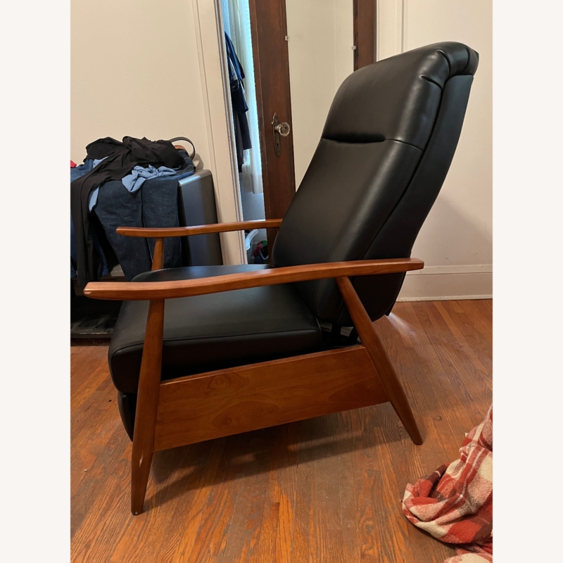 Mid Century Recliner Black Leather, Walnut Finish A-Frame Base