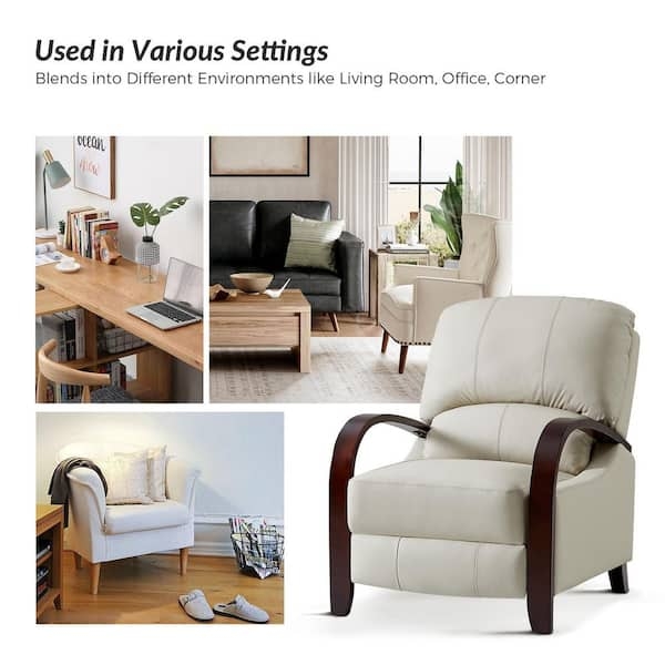 Mid-Century Recliner Chair featuring Curved Wood Arms in Beige