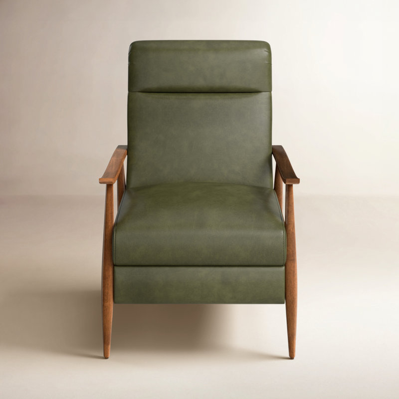 Mid Century Recliner Olive Green Leather, Tapered Wood Legs & Track Arms