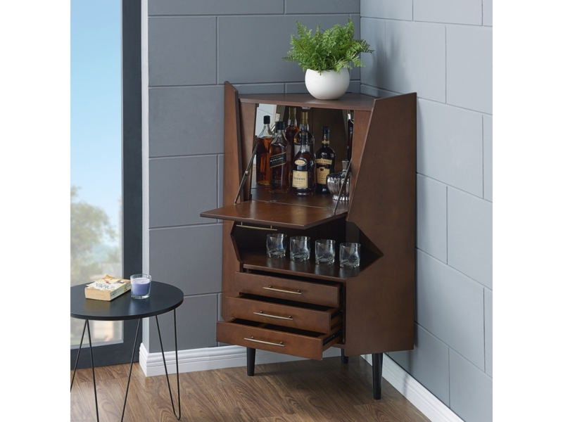 Mid-Century Walnut Corner Bar Cabinet with Drop-Down Shelf and Mirrored Back
