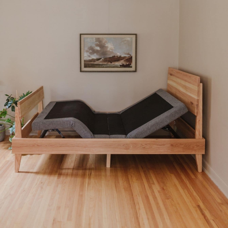 Mid Century Wood Adjustable Bed Frame with Slatted Headboard