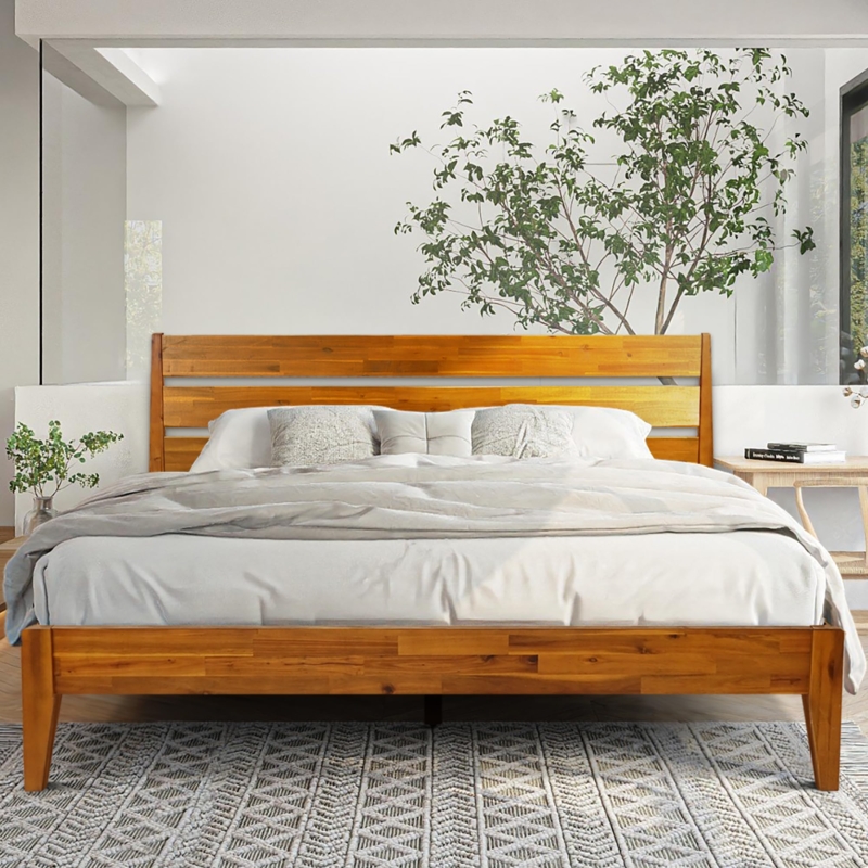 Mid Century Wood Bed with Slatted Headboard and Tapered Legs