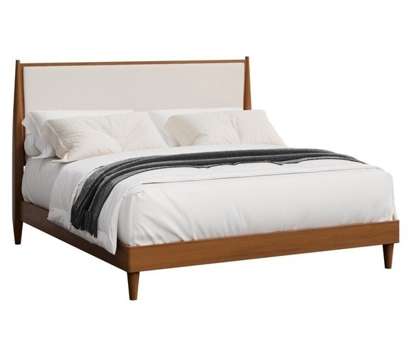 Mid-Century Wood Platform Bed with Inset Upholstered Headboard