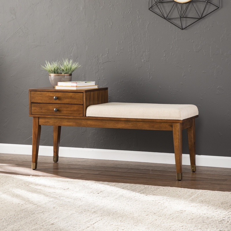 Mid Century Wood Storage Bench with Two Drawers and Brass Caps