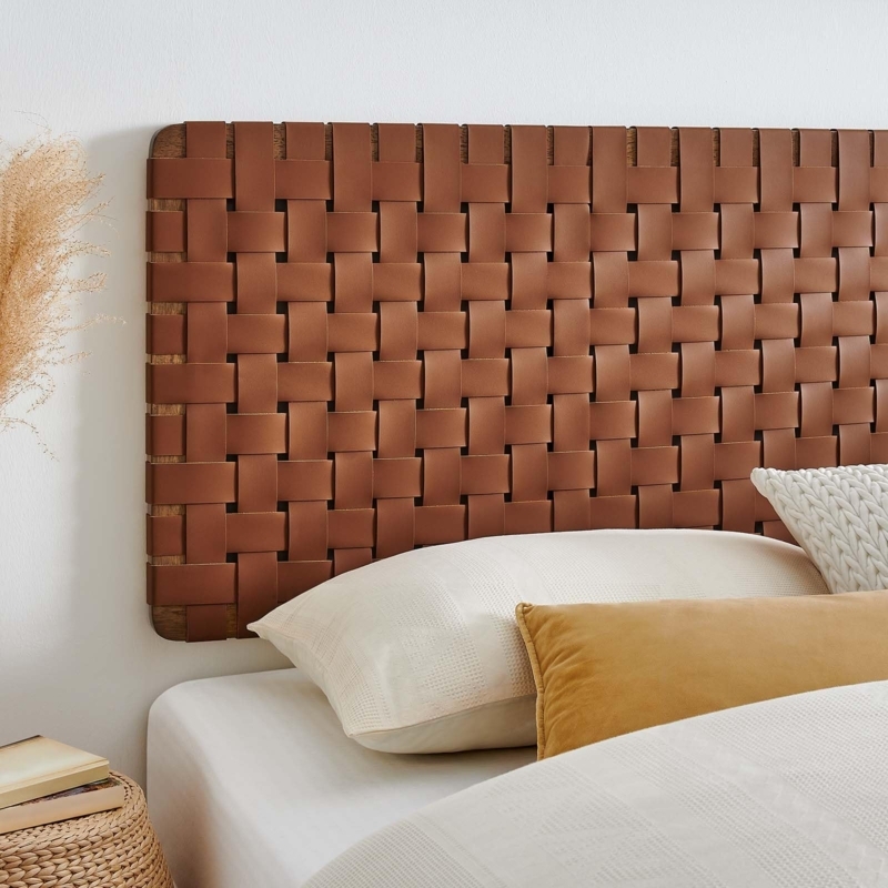Mid-Century Woven Headboard with Walnut Wood Frame and Leather Straps
