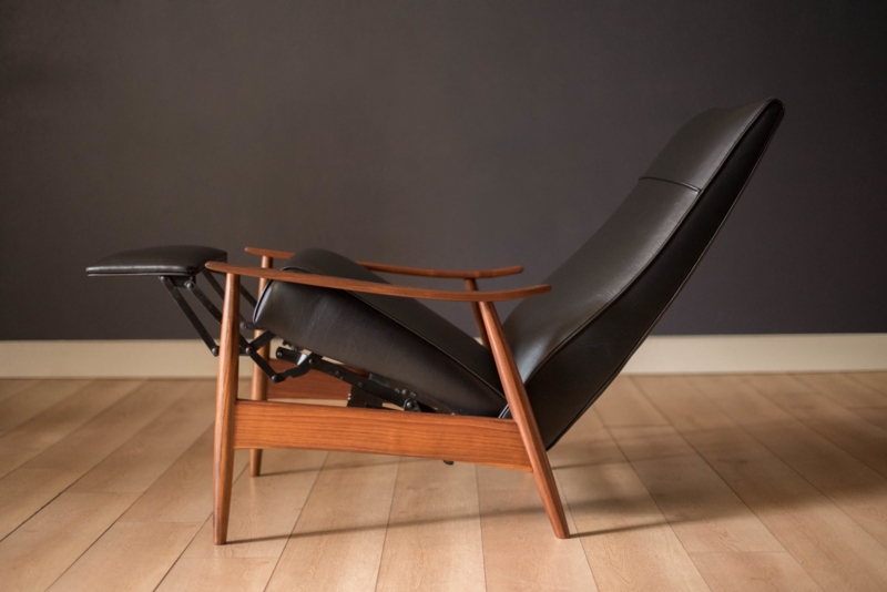 Milo Baughman Style Wood Frame Recliner with Integrated Footrest
