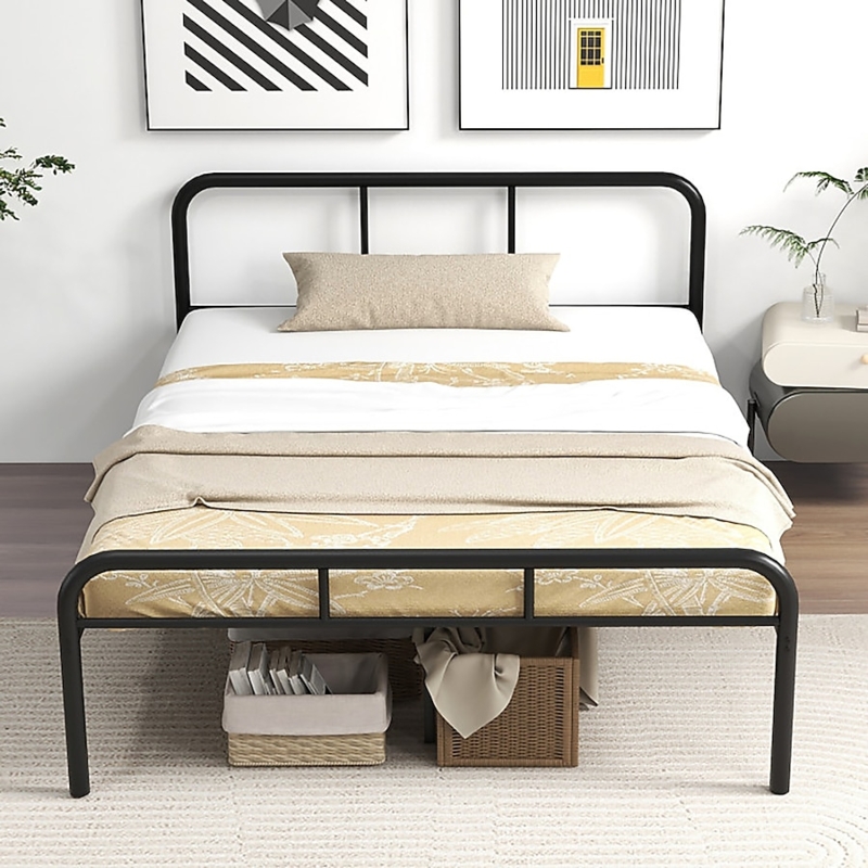 Minimalist Bed Frame Curved Silhouette, Tubular Metal Platform Base
