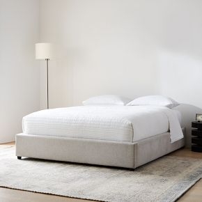 Minimalist Bed Frame No Headboard with Greige Upholstery