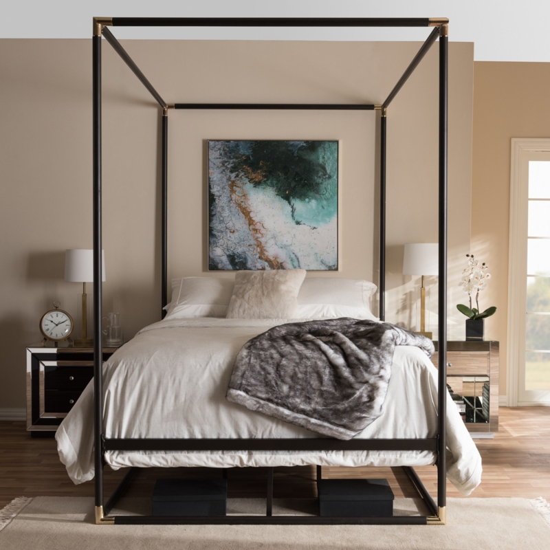 Minimalist Black Metal Canopy Bed with Gold Corner Accents