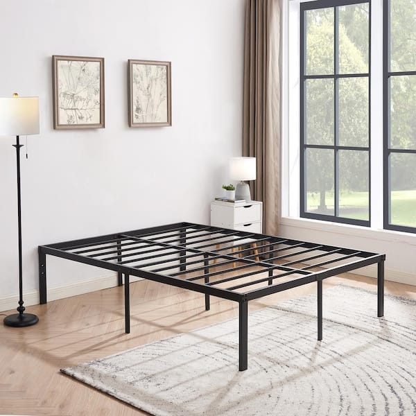 Minimalist Black Metal Platform Bed Frame with Steel Slats