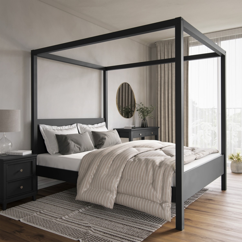 Minimalist Canopy Bed Frame with Matte Finish and Solid Headboard