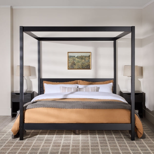 Minimalist Canopy Bed Low Profile Base Slatted Headboard Earthy (72 characters)