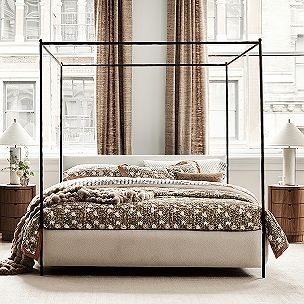 Minimalist Canopy Bed: Thin Black Metal Frame Upholstered Headboard