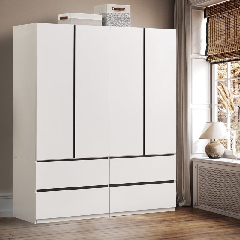Minimalist Closet with Recessed Black Handles, Four Drawers.