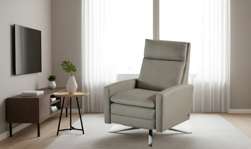 Minimalist Gray Fabric Swivel Recliner with Polished Metal Base