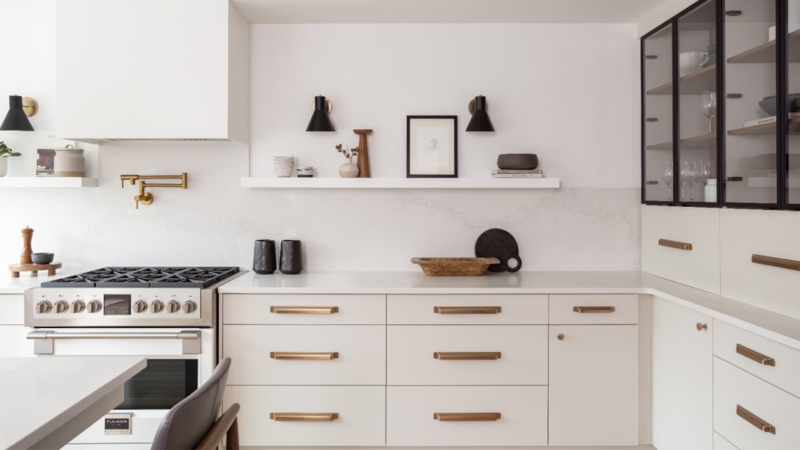 Minimalist Kitchen Design with Floating Ledge Shelf and Sconces