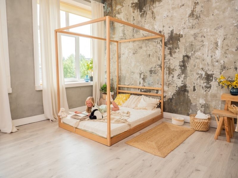Minimalist Light Wood Canopy Floor Bed with Low Profile Frame