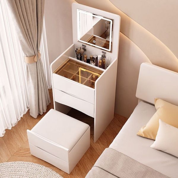 Minimalist Makeup Vanity with Glass-Top Drawer and Flip-Mirror