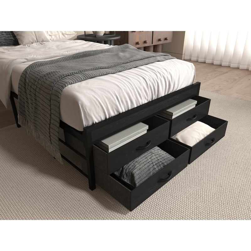 Minimalist Metal Platform Bed with 4 Drawers and Curved Handles