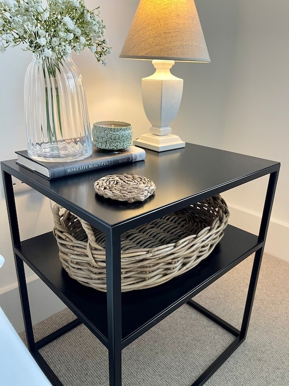 Minimalist Nightstand, Matte Black, Linear Metal Frame, Two Tiers
