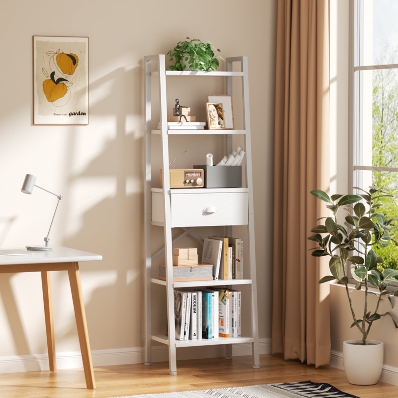Minimalist Office Shelving White Ladder 5-Tier Central Drawer Matte