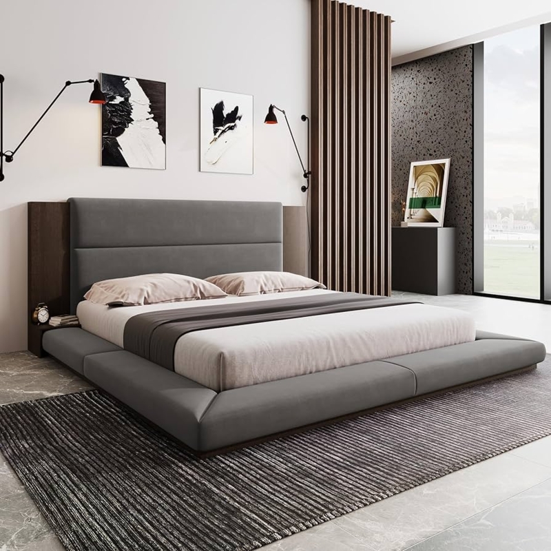 Minimalist Platform Bed Gray Upholstered Extended Wood Headboard Shelf