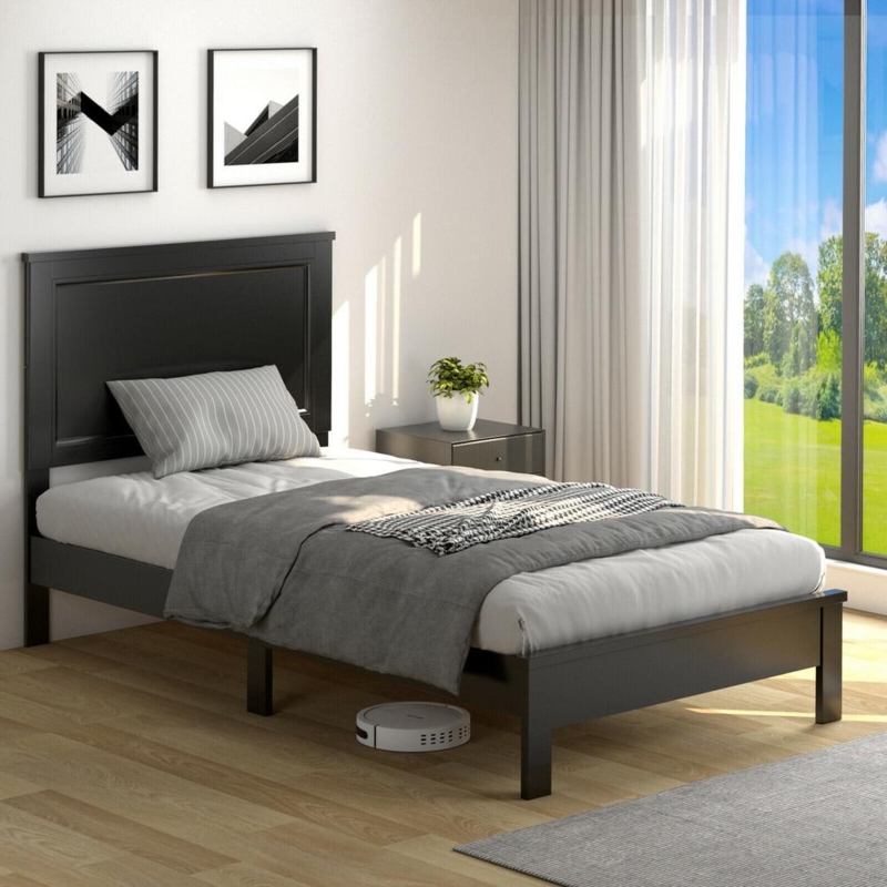 Minimalist Platform Bed with Wood Finish Paneled Headboard