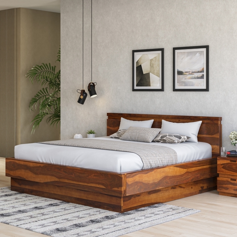 Minimalist Platform Bed Wood Grain Recessed Plinth Base
