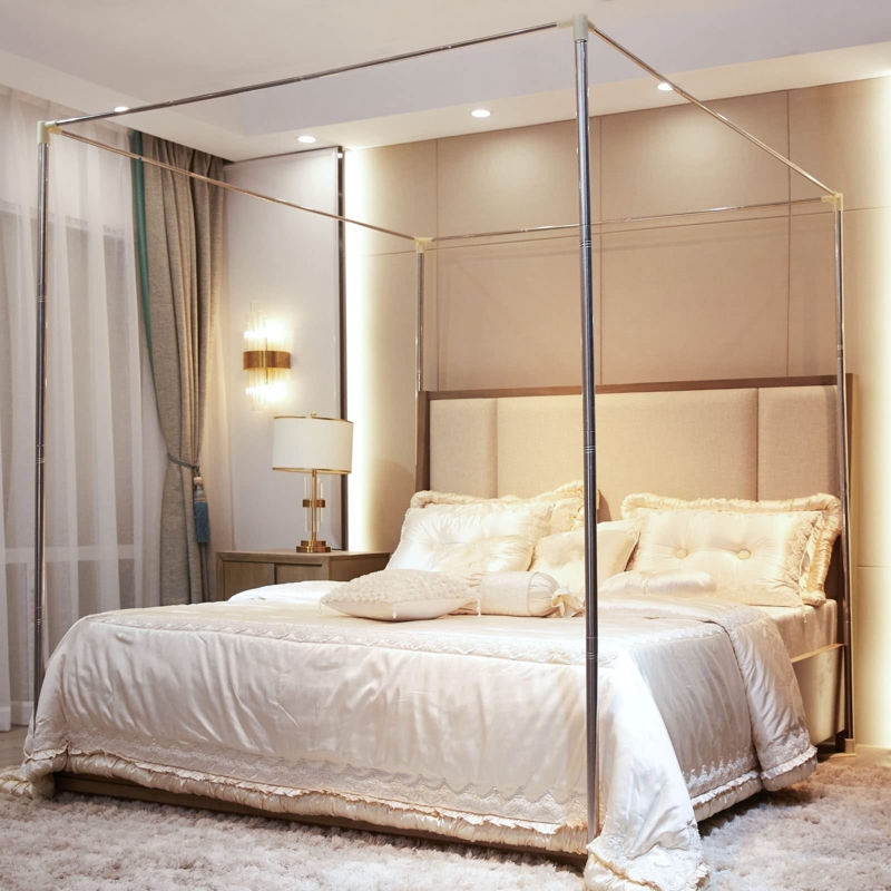 Minimalist Silver Canopy Bed Frame with Polished Metal Posts
