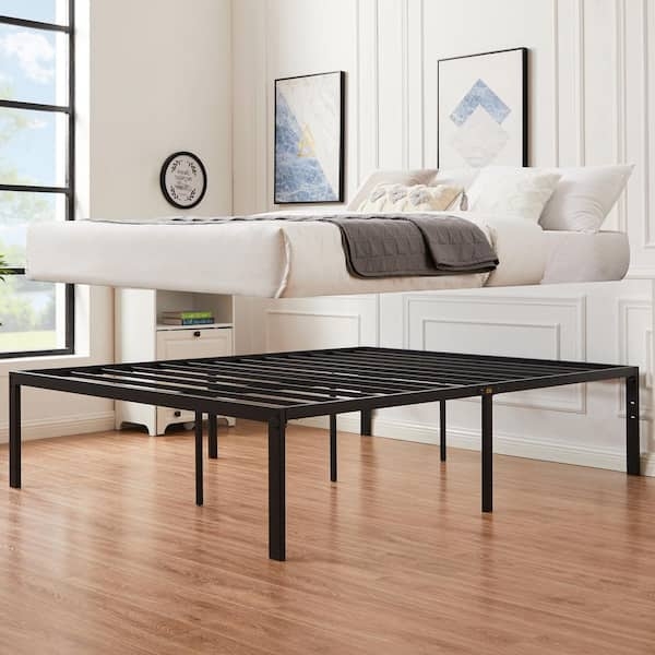 Minimalist Slatted Bed Frame Black Metal Platform No Headboard Design