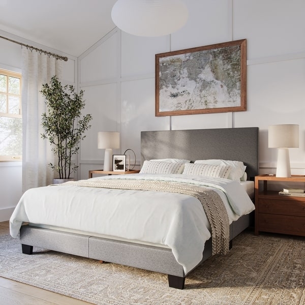 Minimalist Upholstered Bed Gray Woven Texture Rectangular Headboard