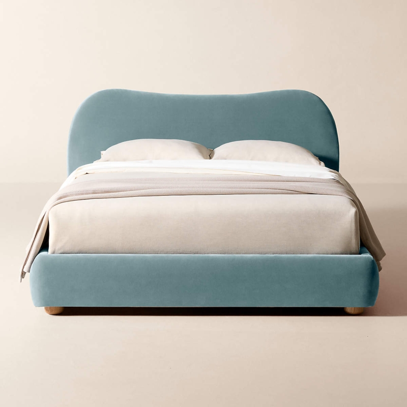 Minimalist Upholstered Bed, Light Blue Velvet Curved Headboard