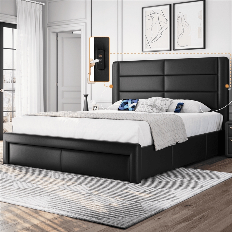 Minimalist Upholstered Bed with Built-in USB Ports