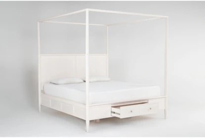 Minimalist White Canopy Bed with Integrated Footboard Drawer
