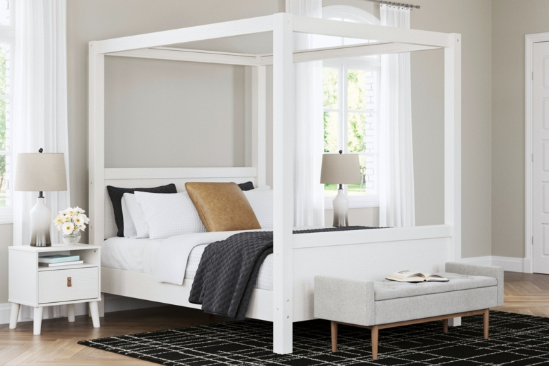 Minimalist White Canopy Bed with Solid Panel Footboard, Modern Frame